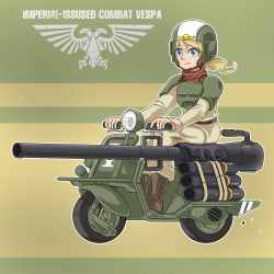 Rule 34 | 1girl, astra militarum, blonde hair, blue eyes, boots, bulletproof vest, cannon, highres, mick19988, military, military uniform, motor vehicle, motorcycle, neckerchief, ponytail, red neckerchief, riding, scooter, solo, uniform, vespa, warhammer 40k