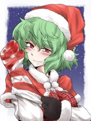 Rule 34 | 1girl, adjusting clothes, adjusting gloves, blood, blush, breasts, capelet, christmas, commentary request, gloves, green hair, hat, kazami yuuka, medium breasts, mittens, naui kudan, plaid, red capelet, red eyes, santa costume, santa hat, short hair, smile, snow, solo, touhou, upper body, winter, winter clothes