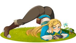 Rule 34 | 1girl, absurdres, ass, black pants, blush, boots, fingerless gloves, flexible, flower, frog, gloves, grass, highres, huge ass, jack-o&#039; challenge, krius-ol, long hair, meme, pants, pantylines, pointy ears, princess zelda, solo, the legend of zelda, the legend of zelda: breath of the wild, tight clothes, tight pants, top-down bottom-up, white background