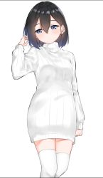 Rule 34 | 1girl, arm at side, black hair, blue eyes, closed mouth, commentary request, expressionless, hair between eyes, hand up, highres, long sleeves, original, ribbed sweater, short hair, simple background, solo, standing, suzunari shizuku, sweater, thighhighs, turtleneck, turtleneck sweater, white background, white sweater, white thighhighs, yuki arare