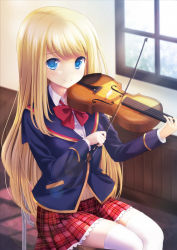 Rule 34 | 1girl, blonde hair, blue eyes, blurry, bow, chloe lemaire, depth of field, girlfriend (kari), holding, instrument, long hair, looking at viewer, music, omuni, plaid, plaid skirt, playing instrument, pleated skirt, school uniform, sitting, skirt, smile, solo, thighhighs, violin, white thighhighs, zettai ryouiki