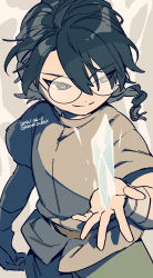 Rule 34 | 1boy, a&#039;gen (the legend of luoxiaohei), black eyes, black hair, brown shirt, dated, glasses, hair between eyes, hand up, highres, ice, long hair, round eyewear, shadow, shirt, short sleeves, smile, solo, luo xiaohei zhanji, twitter username, upper body, vox