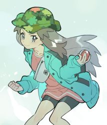 Rule 34 | 1girl, bike shorts, buttons, camouflage, camouflage headwear, clenched hand, closed mouth, coat, collarbone, commentary request, creatures (company), eyelashes, game freak, green coat, grey eyes, grey hair, highres, holding, holding poke ball, knees, leaf (pokemon), leaf (sygna suit) (pokemon), long hair, long sleeves, looking to the side, nintendo, official alternate costume, poke ball, poke ball (basic), pokemon, pokemon masters ex, rata (m40929), sidelocks, smile, solo