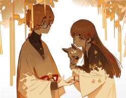 Rule 34 | 1boy, 1girl, blush, brown eyes, brown hair, closed mouth, glasses, hair ornament, hairclip, highres, holding, holding hands, holding mask, jacket, japanese clothes, long hair, long sleeves, looking at another, mask, olys, original, short-sleeved jacket, short eyebrows, short sleeves, unworn mask, white background