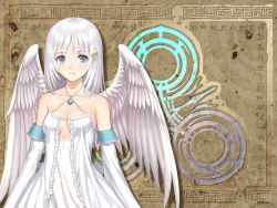Rule 34 | 1girl, angel wings, blue eyes, brown background, center frills, cleavage cutout, clothing cutout, detached sleeves, frills, hair ornament, hairclip, halterneck, long hair, official art, official wallpaper, panis angelicus, sega, shining (series), shining ark, tony taka, wallpaper, white hair, wings