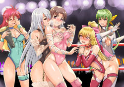 Rule 34 | 5girls, ahoge, anny beach, blonde hair, blush, boots, grabbing another&#039;s breast, breasts, brown hair, chain, cleavage, clenched teeth, detached sleeves, drooling, embarrassed, closed eyes, facepalm, fingerless gloves, freia kagami, gloves, grabbing, green hair, hair ribbon, heart, heart-shaped pupils, highres, jacket, knee pads, large breasts, leaning forward, legband, leotard, long hair, mighty yukiko, multiple girls, nonoririn, open mouth, ozawa kayo, pink hair, ponytail, purple eyes, red eyes, ribbon, sakurai chisato, silver hair, standing, surprised, sweat, symbol-shaped pupils, teeth, thigh boots, thighhighs, wrestle angels, wrestle angels survivor, wrestle angels survivor 2, wrestling outfit, wrestling ring, wristband, yuri