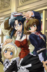 Rule 34 | 00s, 3girls, :o, :p, aged down, arm up, belt, black hair, blazer, blonde hair, blue eyes, blush, blush stickers, book, book on head, breasts, brown hair, cleavage, dress, frown, glasses, gloves, green eyes, hairband, hand on head, highres, jacket, jewelry, large breasts, library, lipstick, long hair, maid, maid headdress, makeup, multiple girls, object on head, off shoulder, open clothes, open jacket, open mouth, read or die, ribbon, school uniform, shoes, short hair, socks, standing, sumiregawa nenene, surprised, tongue, tongue out, tripping, uon taraku, wendy earhart, yomiko readman