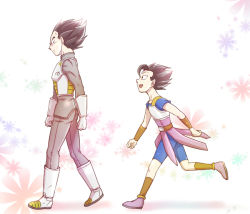 Rule 34 | 10s, 2boys, armor, black eyes, black hair, boots, cabba, dragon ball, dragon ball super, floral background, from side, fuoore (fore0042), gloves, height difference, kyabe, male focus, multiple boys, open mouth, smile, vegeta, walking, white footwear, white gloves, wristband