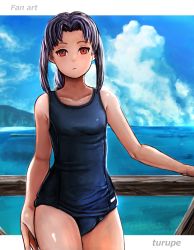 Rule 34 | 00s, 1girl, artist name, bad id, bad pixiv id, black hair, blue one-piece swimsuit, braid, breasts, competition swimsuit, len (tsukihime), long hair, looking at viewer, melty blood, ocean, one-piece swimsuit, railing, red eyes, school swimsuit, sidelocks, single braid, sky, small breasts, solo, swimsuit, tsukihime, turupe