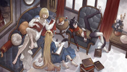 Rule 34 | 3girls, alcohol, animal ears, ankle ribbon, arm at side, arm support, armchair, armor, bare shoulders, barefoot, black fur, black hair, blonde hair, blue dress, blue shawl, bob cut, body fur, book, book stack, bow, braid, brown skirt, cat ears, cat girl, cat tail, chair, chalice, clock, closed eyes, couch, crop top, cup, curtains, doll, dress, dungeon meshi, elf, falin touden, falin touden (tallman), feathers, flower, food, fork, french braid, from above, grandfather clock, hair bow, half updo, hand up, high-low skirt, holding, holding quill, indoors, ink bottle, izutsumi, juliet sleeves, knee up, laios touden, leather armor, leg lift, leg ribbon, long hair, long sleeves, lying, marcille donato, midriff, mirror, mismatched animal ear colors, multiple girls, on back, on floor, open mouth, pekoe-ji, pie, pie slice, pillow, plate, pointy ears, portrait (object), puffy long sleeves, puffy sleeves, quill, red bow, red scarf, ribbon, rose, scarf, shawl, short hair, sitting, skirt, sleeping, sleeveless, spoilers, tail, talking, twitter username, two-sided fabric, vase, white dress, white flower, white rose, window, wine, yaad (dungeon meshi), yellow flower, yellow rose, yokozuwari