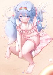 Rule 34 | 1girl, animal ears, ankle strap, ankleband, arm at side, bare shoulders, barefoot, beach, beach towel, bead anklet, bikini, blue eyes, blue hair, blue tail, blush, bow, bow bikini, breasts, bright pupils, cherry print, cleavage, closed mouth, commission, ears down, eyelashes, food print, frilled bikini, frills, from above, full body, gradient hair, hair between eyes, hair ornament, hair spread out, hairband, hairclip, half updo, hand on own knee, heart, heart necklace, honyang, jewelry, knees together feet apart, knees up, leg ribbon, long hair, multicolored hair, nail polish, navel, necklace, on ground, original, outdoors, pink bikini, pink bow, pink ribbon, plaid, plaid bikini, plaid towel, rainbow hairband, ribbon, ring, sand, shell, shoulder blush, sidelocks, sitting, slit pupils, small breasts, smile, solo, swept bangs, swimsuit, tail, thigh ribbon, thigh strap, toe ring, toenail polish, toenails, towel, very long hair, white pupils, yellow nails