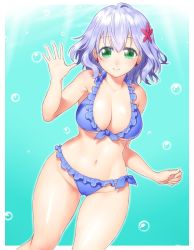 Rule 34 | 10s, 1girl, amagi brilliant park, bikini, blue bikini, blue hair, blush, breasts, cleavage, curvy, earrings, flower, frilled bikini, frills, green eyes, hair flower, hair ornament, jewelry, large breasts, looking at viewer, muse (amaburi), navel, onsoku inu, short hair, smile, solo, swimsuit, thick thighs, thighs, wide hips