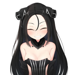 Rule 34 | 1girl, android, bare shoulders, black hair, blush, breasts, cleavage, clenched teeth, collarbone, detached sleeves, dreamer (girls&#039; frontline), forehead, girls&#039; frontline, hair between eyes, highres, huomao (akcat), long hair, looking at viewer, medium breasts, revealing clothes, sangvis ferri, simple background, smile, solo, teeth, white background