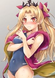 Rule 34 | 1girl, absurdres, alternate costume, bare shoulders, blonde hair, blue one-piece swimsuit, blush, bow, breast hold, breasts, cape, closed mouth, commentary request, contemporary, covered navel, crown, earrings, embarrassed, ereshkigal (fate), fate/grand order, fate (series), grey background, hair bow, highres, jewelry, long hair, looking at viewer, name tag, one-piece swimsuit, parted bangs, red cape, red eyes, samoore, school swimsuit, solo, sweat, sweatdrop, swimsuit, two side up, wavy mouth