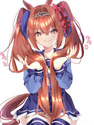 Rule 34 | 1girl, animal ears, arms up, bow, brown hair, closed mouth, commentary request, crossed arms, daiwa scarlet (umamusume), eyelashes, fang, fang out, hair between breasts, hair between eyes, hair bow, hair intakes, hands in hair, happy, highres, holding, holding hair, horse ears, horse girl, horse tail, lips, long hair, long sleeves, looking at viewer, parted bangs, pleated skirt, puffy long sleeves, puffy short sleeves, puffy sleeves, purple shirt, purple skirt, red bow, red eyes, school uniform, shiromoru (yozakura rety), shirt, short sleeves, sidelocks, simple background, sitting, skin fang, skirt, smile, solo, tail, tiara, tracen school uniform, twintails, umamusume, very long hair, white background, white bow, wing collar