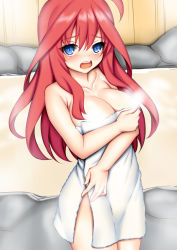Rule 34 | 1girl, ahoge, bare arms, bare shoulders, blue eyes, blush, breasts, cleavage, collarbone, commentary request, convenient censoring, go-toubun no hanayome, hair between eyes, large breasts, long hair, nakano itsuki, naked towel, nose blush, onsen, open mouth, red hair, round teeth, sidelocks, solo, steam, steam censor, teeth, toshishikisai, towel, upper teeth only, very long hair, water
