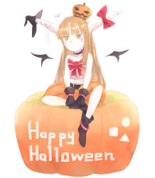 Rule 34 | 1girl, alternate costume, boots, bow, bowtie, buttons, closed mouth, food-themed hair ornament, hair bow, hair ornament, halloween, halloween costume, hand on own hip, highres, holding, horn bow, horn ornament, horns, ibuki suika, jewelry, long hair, mini wings, neck ring, o (crazyoton46), orange hair, pumpkin, pumpkin hair ornament, red bow, shirt, sidelocks, sleeveless, solo, touhou, white shirt, wings, wristband, yellow eyes