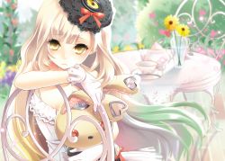 Rule 34 | 1girl, blonde hair, chair, cup, doll, flower, frown, gloves, kurosawa itsuki, long hair, looking at viewer, mayu (vocaloid), solo, stuffed animal, stuffed rabbit, stuffed toy, table, teacup, teapot, usano mimi, vase, vocaloid, white gloves, yellow eyes