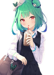 Rule 34 | 1girl, absurdres, bag, beret, blush, bubble tea, bug, butterfly, cup, drinking straw, green hair, hair bun, hat, highres, holding, holding cup, hololive, insect, keis (locrian1357), long sleeves, looking at viewer, open mouth, red eyes, shirt, short hair, simple background, single hair bun, solo, uruha rushia, virtual youtuber, white background, white hat, white shirt, white sleeves