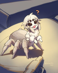 Rule 34 | 1girl, ?, absurdres, animal focus, arachne, arthropod girl, book, commentary, commentary request, english commentary, extra eyes, fluffy, full body, highres, insect girl, looking at viewer, mini person, minigirl, mixed-language commentary, monster girl, one-hour drawing challenge, open mouth, original, pen, shadow, solo, spider girl, standing, taur, twitter username, yamanobe saya