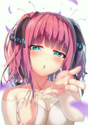 Rule 34 | 1girl, aqua eyes, armpit crease, bare shoulders, black ribbon, blowing kiss, blue nails, blunt bangs, blurry, blush, breasts, bright pupils, butterfly hair ornament, cleavage, close-up, commentary, depth of field, dress, eyelashes, eyes visible through hair, falling petals, foreshortening, go-toubun no hanayome, hair ornament, hair ribbon, half-closed eyes, hands up, head tilt, lips, long sleeves, looking at viewer, medium breasts, medium hair, nail polish, nakano nino, open mouth, petals, red hair, ribbon, simple background, solo, straight hair, two side up, wedding dress, white background, white dress, white pupils, wingheart
