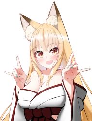 Rule 34 | 1girl, :d, animal ear fluff, animal ears, blonde hair, blue lips, bow, breasts, brown eyes, cleavage, commentary request, copyright request, double fox shadow puppet, fox ears, fox shadow puppet, hakama, highres, japanese clothes, kimono, large breasts, lipstick, long hair, looking at viewer, makeup, miko, mole, mole on breast, nail art, nail polish, nekobaka, off shoulder, open mouth, red bow, red hakama, simple background, smile, solo, transparent background, upper body, very long hair, virtual youtuber, white background, white kimono