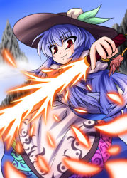 Rule 34 | 1girl, blue hair, bow, female focus, food, fruit, fue (fuef), hat, hinanawi tenshi, leaf, long hair, long skirt, mountain, peach, red eyes, skirt, smile, solo, sword, sword of hisou, touhou, very long hair, weapon
