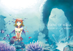 Rule 34 | 1girl, angelfish, armlet, bikini, bikini top only, blue eyes, bracelet, breasts, brown hair, cleavage, copyright name, coral, damselfish, english text, fish, fisheye, flameshe, frown, jewelry, legend of mana, looking up, manta ray, mermaid, monster girl, necklace, ruins, scales, seiken densetsu, small breasts, solo, souichi, sunlight, swimsuit, tropical fish, underwater, v arms, water, wavy hair
