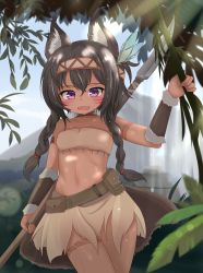 Rule 34 | animal ears, armband, belt, belt skirt, black hair, bodypaint, braid, breasts, collar, day, facepaint, fangs, feathers, forest, hair between eyes, hair ornament, headband, highres, hotel01, miniskirt, mountain, nature, original, outdoors, polearm, polearm behind back, purple eyes, skirt, small breasts, smile, spear, strapless, tribal, tube top, twin braids, weapon, weapon on back
