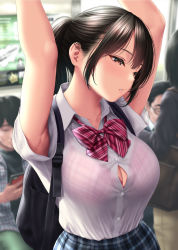 Rule 34 | 1girl, armpits, arms up, backpack, bag, black hair, blue skirt, bow, bowtie, bra, bra visible through clothes, breasts, brown hair, cleavage, collarbone, collared shirt, commentary request, dress shirt, kase daiki, large breasts, long hair, looking away, original, parted lips, pink bra, plaid, plaid bra, plaid skirt, ponytail, red bow, red neckwear, see-through, shirt, short sleeves, sidelocks, skirt, standing, striped bow, striped bowtie, striped clothes, striped neckwear, underwear, upper body, white shirt