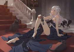 Rule 34 | 1girl, absurdres, ak-12, ak-12 (girls&#039; frontline), ak-12 (quiet azure) (girls&#039; frontline), assault rifle, bad id, bad pixiv id, bare arms, bare shoulders, black cat, blue dress, breasts, cat, cirilla lin, clothing cutout, dress, girls&#039; frontline, gun, hair up, halterneck, high heels, highres, holding, holding gun, holding weapon, indoors, kalashnikov rifle, large breasts, long hair, multiple cats, navel, navel cutout, official alternate costume, one eye closed, open mouth, purple eyes, rifle, silver hair, sitting, smoke, smoking barrel, stairs, thighs, tile floor, tiles, updo, weapon