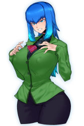 Rule 34 | 1girl, blue eyes, blue hair, breasts, clenched teeth, covered erect nipples, highres, impossible clothes, large breasts, long hair, matching hair/eyes, original, pants, skin tight, solo, spacezin, sweatdrop, teeth, thighs, valentine, wide hips, zoe (spacezin)