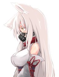 Rule 34 | 1girl, animal ears, bare shoulders, breasts, clenched teeth, collar, detached sleeves, fox ears, japanese clothes, kimono, large breasts, long hair, looking to the side, muzzle, orange eyes, original, sakura inu, simple background, solo, tears, teeth, white background, white hair