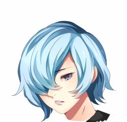 Rule 34 | 1girl, blue eyes, blue hair, commentary request, derivative work, g4265059, hair over one eye, head, kirishima touka, looking at viewer, parted lips, portrait, short hair, simple background, solo, teeth, tokyo ghoul, tokyo ghoul:re, white background