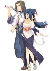 Rule 34 | 1boy, 1girl, absurdly long hair, ainu clothes, animal ears, aquaplus, arm up, black hair, blush, boots, breasts, brown eyes, brown hair, cat tail, closed mouth, dress, from side, full body, fumiaoto, gradient eyes, gradient hair, grin, hair ornament, hair over one eye, haku (utawarerumono), hand fan, height difference, high ponytail, holding, holding fan, holding weapon, kuon (utawarerumono), layered sleeves, locked arms, long hair, long sleeves, looking at another, low-tied long hair, medium breasts, multicolored eyes, multicolored hair, nose, orange sash, over shoulder, pants, parted bangs, ponytail, raised eyebrows, sash, scarf, side slit, sidelocks, smile, standing, swept bangs, tail, teeth, utawarerumono, utawarerumono: futari no hakuoro, utawarerumono: itsuwari no kamen, very long hair, weapon, weapon over shoulder, white tail, wide sleeves, yellow eyes, yellow scarf