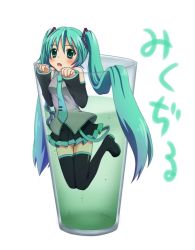 Rule 34 | 1girl, :o, aqua eyes, aqua hair, aqua necktie, azune (churchyard), black thighhighs, blush, collared shirt, cup, detached sleeves, drinking glass, glass, hatsune miku, in container, in cup, long sleeves, necktie, open mouth, pleated skirt, shirt, simple background, skirt, thighhighs, vocaloid, water, white background, zettai ryouiki