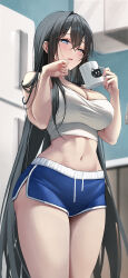 1girl absurdres bare_arms bare_shoulders black_hair blue_shorts blurry blush breasts camisole cleavage coffee_mug commentary cowboy_shot crop_top crossed_bangs cup depth_of_field dolphin_shorts drooling from_below hair_between_eyes hair_in_own_mouth hands_up highres holding holding_cup kitchen large_breasts long_hair looking_at_viewer looking_to_the_side midriff mohaka_(m_0haka) mug navel original parted_lips refrigerator saliva shirt short_shorts shorts sleeveless sleeveless_shirt solo spaghetti_strap standing stomach symbol-only_commentary thighs uneven_eyes very_long_hair white_camisole white_shirt