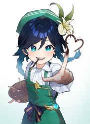 Rule 34 | 1boy, androgynous, apron, beret, black hair, blouse, blue hair, blush, bowl, braid, chocolate, commentary request, donmin h, drawing, flower, food, food in mouth, frilled sleeves, frills, genshin impact, gradient hair, green apron, green eyes, green hat, hat, hat flower, heater, highres, holding, holding bowl, korean commentary, leaf, long sleeves, looking at viewer, male focus, multicolored hair, open mouth, pinwheel, pocky, ribbon, shirt, short hair with long locks, side braids, sidelocks, simple background, smile, solo, twin braids, venti (genshin impact), vision (genshin impact), white background, white flower, white shirt