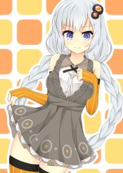 Rule 34 | &gt;:), 1girl, aatsu, bare shoulders, blue eyes, blush, braid, breasts, closed mouth, cowboy shot, detached sleeves, dutch angle, hair ornament, hairpin, hand on own chest, kizuna akari, long hair, long sleeves, looking at viewer, medium breasts, multicolored background, orange thighhighs, see-through, silver hair, skirt hold, solo, standing, striped clothes, striped sleeves, striped thighhighs, thigh gap, thighhighs, twin braids, v-shaped eyebrows, vertical-striped clothes, vertical-striped thighhighs, very long hair, vocaloid, voiceroid, zettai ryouiki