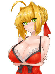 Rule 34 | 1girl, ahoge, blonde hair, breasts, cleavage, covered navel, crossed arms, dress, fate/extella, fate/extra, fate/grand order, fate (series), green eyes, hair intakes, hair ribbon, highres, large breasts, nero claudius (fate), nero claudius (fate) (all), nero claudius (swimsuit caster) (fate), red dress, red ribbon, ribbon, smile, steamingtofu, swimsuit
