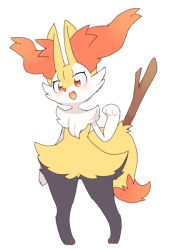 Rule 34 | 1girl, animal ear fluff, animal ears, animal feet, animal nose, arm at side, black fur, blush, body fur, braixen, creatures (company), fang, female focus, flat chest, fox ears, fox girl, fox tail, full body, furry, furry female, game freak, gen 6 pokemon, hand up, happy, highres, looking at viewer, multicolored fur, neck fur, nintendo, open mouth, pigeon-toed, pokemon, pokemon (creature), red eyes, simple background, smile, snout, solo, standing, stick, tail, white background, white fur, wide-eyed, yakiniku628, yellow fur