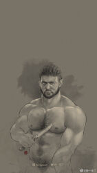 Rule 34 | 1boy, absurdres, bara, chest hair, chris redfield, closed mouth, completely nude, facial hair, highres, holding, holding knife, holding weapon, instagram username, knife, large pectorals, male focus, male pubic hair, monochrome, muscular, muscular male, navel, nipples, nude, pectorals, pubic hair, resident evil, resident evil village, short hair, solo, upper body, weapon, weibo username, youngyee art