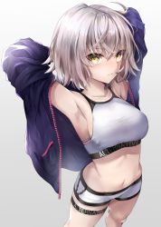 Rule 34 | 1girl, ahoge, armpits, arms behind head, blush, boyshort panties, breasts, clothes writing, fate/grand order, fate (series), gradient background, grey background, hane yuki, highres, jacket, jeanne d&#039;arc (fate), jeanne d&#039;arc alter (avenger) (fate), jeanne d&#039;arc alter (fate), large breasts, long sleeves, looking at viewer, navel, off shoulder, open clothes, open jacket, purple jacket, serious, short hair, sidelocks, silver hair, simple background, solo, sports bra, sportswear, standing, stomach, stretching, thigh strap, tsurime, unzipped, yellow eyes, zipper