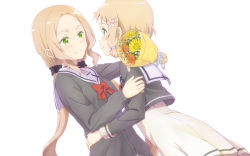 Rule 34 | 10s, 2girls, blonde hair, blush, bouquet, bow, cardigan, closed mouth, dress, dutch angle, flower, green eyes, grey cardigan, grey vest, hair flower, hair ornament, hairclip, hand on another&#039;s arm, hand on another&#039;s hip, holding, holding bouquet, inubouzaki fuu, inubouzaki itsuki, long hair, long sleeves, looking at another, low twintails, multiple girls, okutagon, parted bangs, profile, red bow, school uniform, serafuku, siblings, simple background, sisters, smile, twintails, very long hair, vest, white background, yuuki yuuna wa yuusha de aru, yuusha de aru
