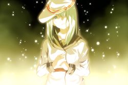 Rule 34 | 10s, 1girl, :d, belt, black background, blue eyes, buttons, collarbone, flat cap, glowing, hair over one eye, hammer and sickle, hat, head tilt, hibiki (kancolle), jacket, kantai collection, light smile, long hair, long sleeves, looking at viewer, open mouth, own hands together, sailor collar, silver hair, simple background, sleeve cuffs, smile, solo, sparkle, tnk (p freaks), upper body, verniy (kancolle), white hat, white jacket