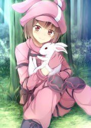 Rule 34 | 1girl, aikawa tatsuki, animal, animal ears, animal hat, animal hug, black footwear, blush, boots, brown eyes, brown hair, cabbie hat, closed mouth, commentary request, cross-laced footwear, day, forest, gloves, grass, hat, head tilt, highres, jacket, lace-up boots, llenn (sao), long sleeves, looking at viewer, nature, on grass, outdoors, pants, pink gloves, pink hat, pink jacket, pink pants, rabbit, rabbit ears, rabbit hat, sitting, smile, solo, sunlight, sword art online, sword art online alternative: gun gale online, tree