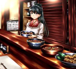 Rule 34 | 10s, 1girl, anchor print, apron, blue eyes, blue hair, blush, food, houshou (kancolle), indoors, japanese clothes, kantai collection, kappougi, long hair, looking at viewer, maid, matching hair/eyes, personification, ponytail, smile, solo, split mouth, standing, wa maid, yuzu momo