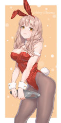 Rule 34 | 1girl, :3, animal ears, bare shoulders, breasts, brown hair, brown pantyhose, cleavage, fake animal ears, fangxiang cuoluan, fur collar, hairband, highres, holding, holding tray, large breasts, leotard, long hair, looking at viewer, merry christmas, orange eyes, original, pantyhose, playboy bunny, rabbit tail, red leotard, sidelocks, solo, standing, tail, tray, wrist cuffs
