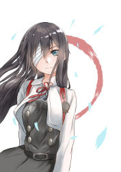 Rule 34 | 1girl, asashio (kancolle), bad id, bad pixiv id, bandage over one eye, belt, black hair, blue eyes, breasts, buttons, closed mouth, collared shirt, commentary request, dress, hair between eyes, hair over shoulder, kantai collection, long hair, long sleeves, neck ribbon, pinafore dress, rakisuto, red ribbon, ribbon, school uniform, searchlight, shirt, sleeveless, sleeveless dress, solo, upper body