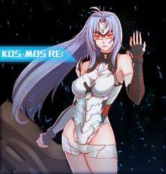 Rule 34 | 1girl, android, bailing shiyin, bare shoulders, black gloves, blue hair, breasts, elbow gloves, expressionless, forehead protector, glasses, gloves, kos-mos, kos-mos re:, leotard, long hair, looking at viewer, nintendo, red eyes, solo, standing, thighhighs, very long hair, white leotard, xenoblade chronicles (series), xenoblade chronicles 2, xenoblade chronicles (series), xenoblade chronicles 2, xenosaga